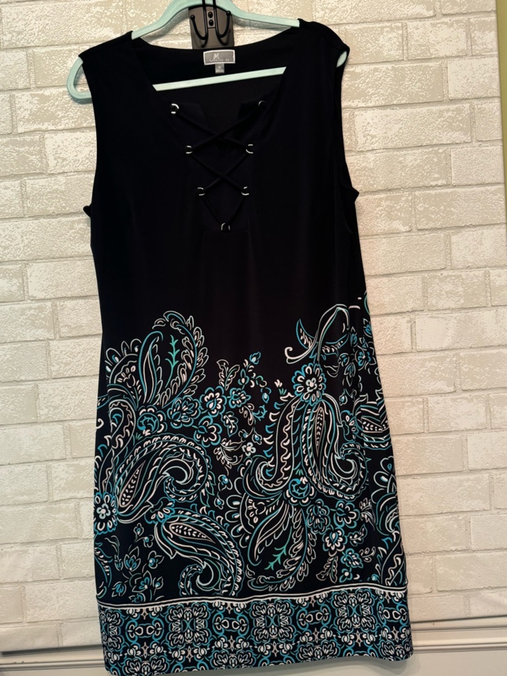 JM Collection Black Midi Dress with Teal Paisley Print